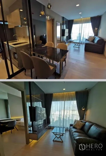 คอนโด ให้เช่าในHuai Khwang, Bangkok - มุมมองห้องนั่งเล่นไปยังระเบียงและผนังทีวีในคอนโดแสงดี