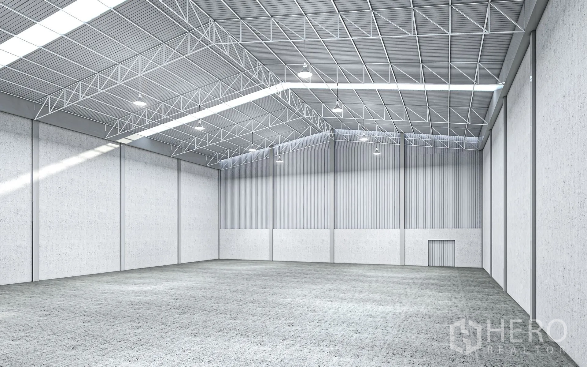Factory for rent in Pathum Thani - Rendered view of a modern warehouse interior with tall walls and lighting.