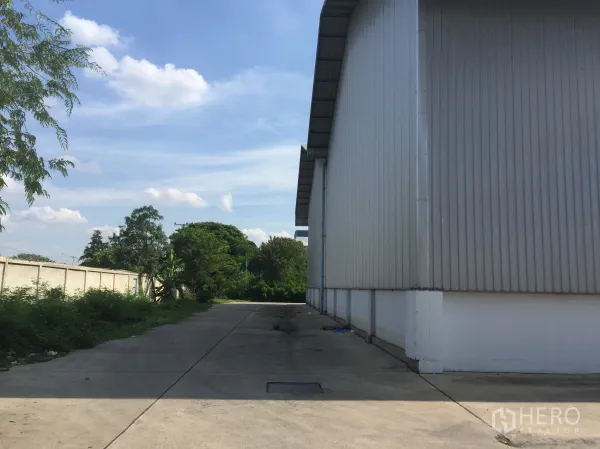 Factory for rent in Khlong Luang, Pathum Thani - Side driveway beside the factory with greenery and a boundary wall.