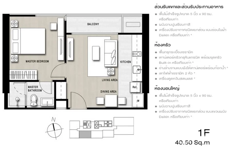 公寓 出租或出售在Watthana, Bangkok - 一居室公寓户型图，展示起居区、厨房、阳台与卫浴布局。