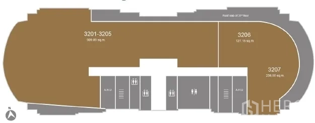 สำนักงาน ให้เช่า - ผังชั้นสำนักงานในอาคารสูง ไฮไลต์ยูนิตขนาด 1,274 ตร.ม.
