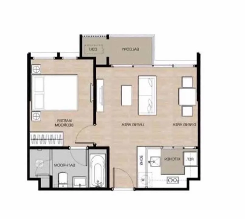 公寓 for rent in Watthana, Bangkok - 47平米一居室公寓户型图，带阳台，客餐厅一体，独立厨房，浴室含浴缸与淋浴。