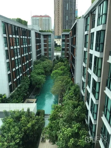 Condominium for sale in Khlong Toei, Bangkok - Courtyard swimming pool lined with trees between two mid‑rise condominium buildings near Thonglor.