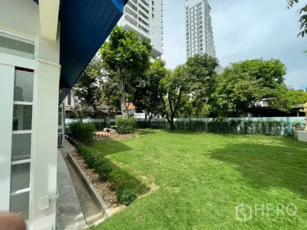 Detached House for rent in Khlong Toei, Bangkok - Expansive private lawn with mature trees surrounding the house and high-rise buildings in the background.