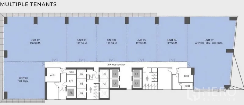 办公空间 出租在Bang Na, Bangkok - 邦那多租户办公楼层平面图，含119平米单元、1.8米走廊、电梯、洗手间及AHU/BOH机房。