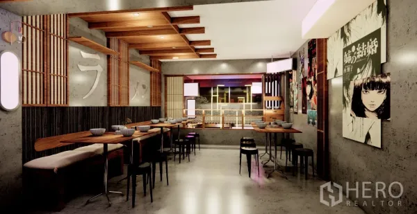 Shophouse for rent in Watthana, Bangkok - Concept interior rendering of a dining area with wooden slats and high tables.