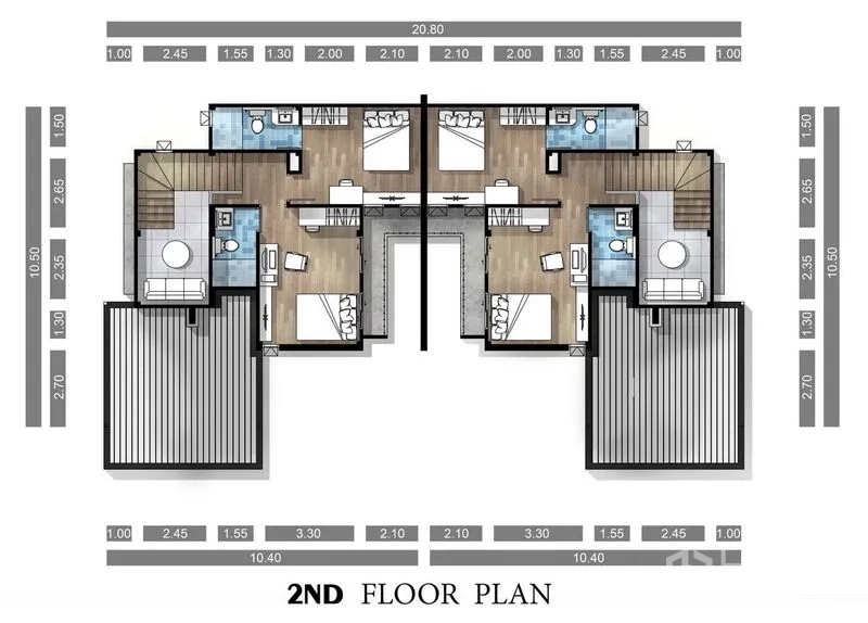Detached House for sale in Lam Luk Ka, Pathum Thani - Second floor plan showing two bedrooms and bathrooms layout.
