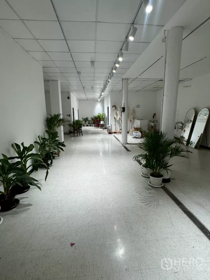 店屋 出租在Samphanthawong, Bangkok - 长条形零售走廊，白色吊顶、射灯与盆栽。