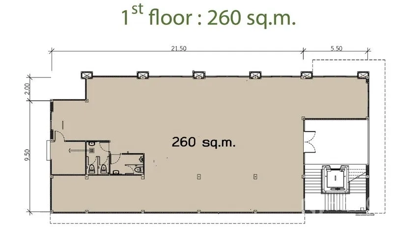 Retail Space for rent in Khlong Toei, Bangkok - First-floor plan of retail space showing 260 sq.m. open layout with restrooms and staircase.