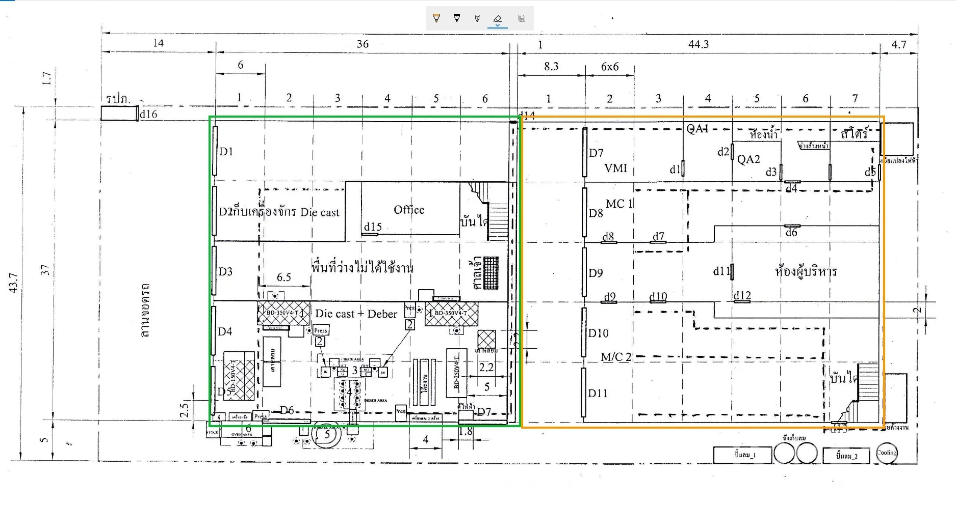 Factory for sale in Khlong Luang, Pathum Thani - Factory floor plan drawing showing production zones, offices and circulation.