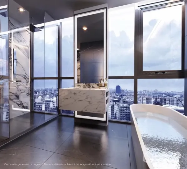 Condominium for sale in Watthana, Bangkok - Marble bathroom with freestanding tub, walk-in rain shower and floor-to-ceiling windows overlooking the Bangkok skyline.