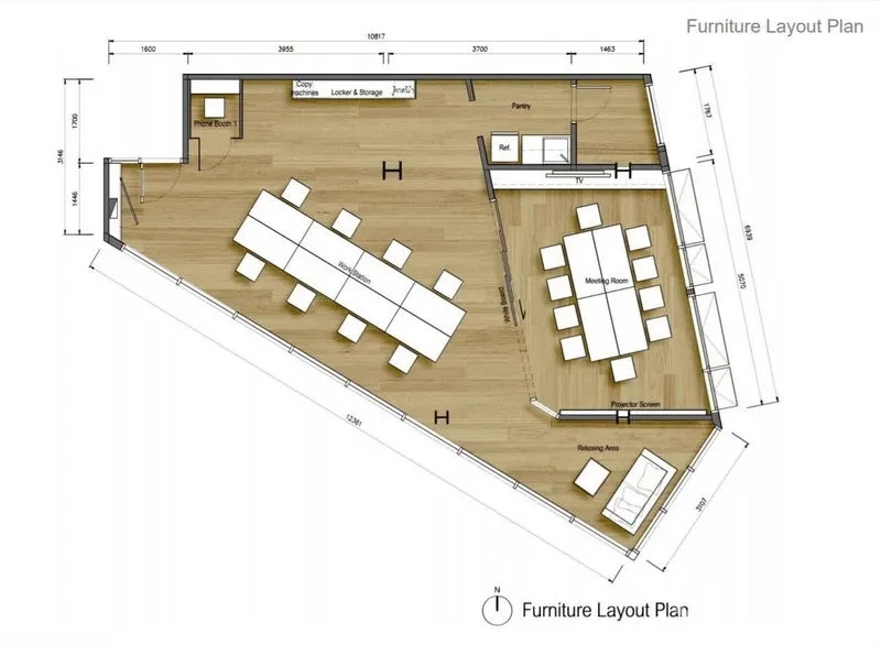 Office Space for rent in Chatuchak, Bangkok - Floor plan showing open workspace, meeting room, pantry and lounge layout.