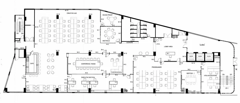 Office Space for rent in Bang Rak, Bangkok - Detailed office floor plan highlighting meeting rooms, work areas, and amenities.