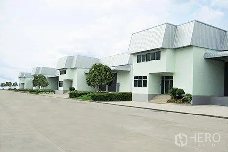 Warehouse for rent in Bang Phli, Samut Prakan - Multiple warehouse buildings in a neat compound with ample driveway for trailers and containers.
