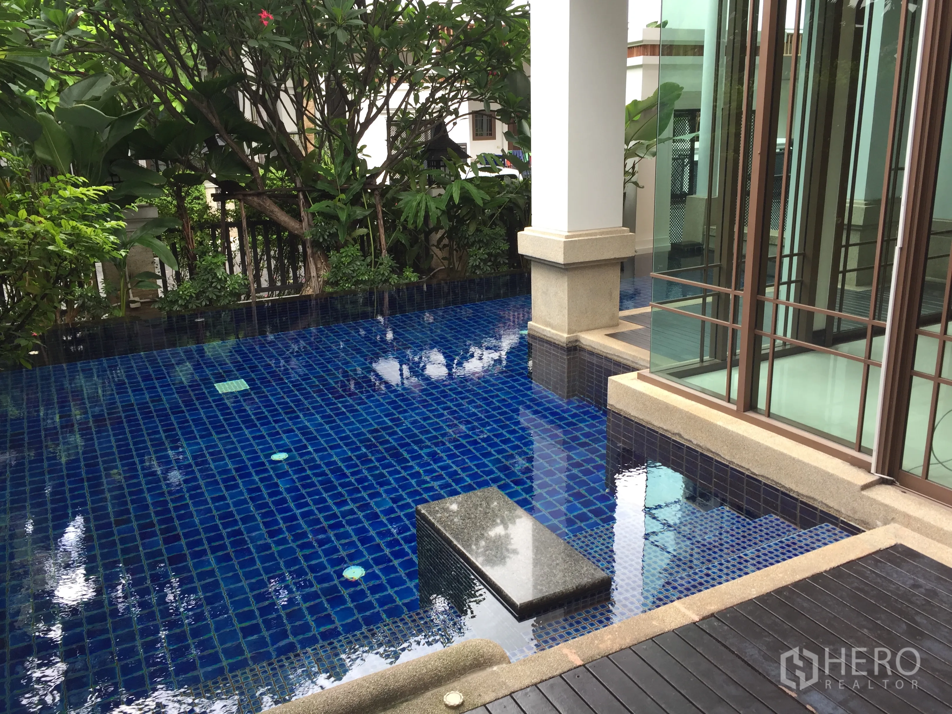 Detached House for rent in Yan Nawa, Bangkok - Blue-tiled private plunge pool beside glass-walled living area and garden.