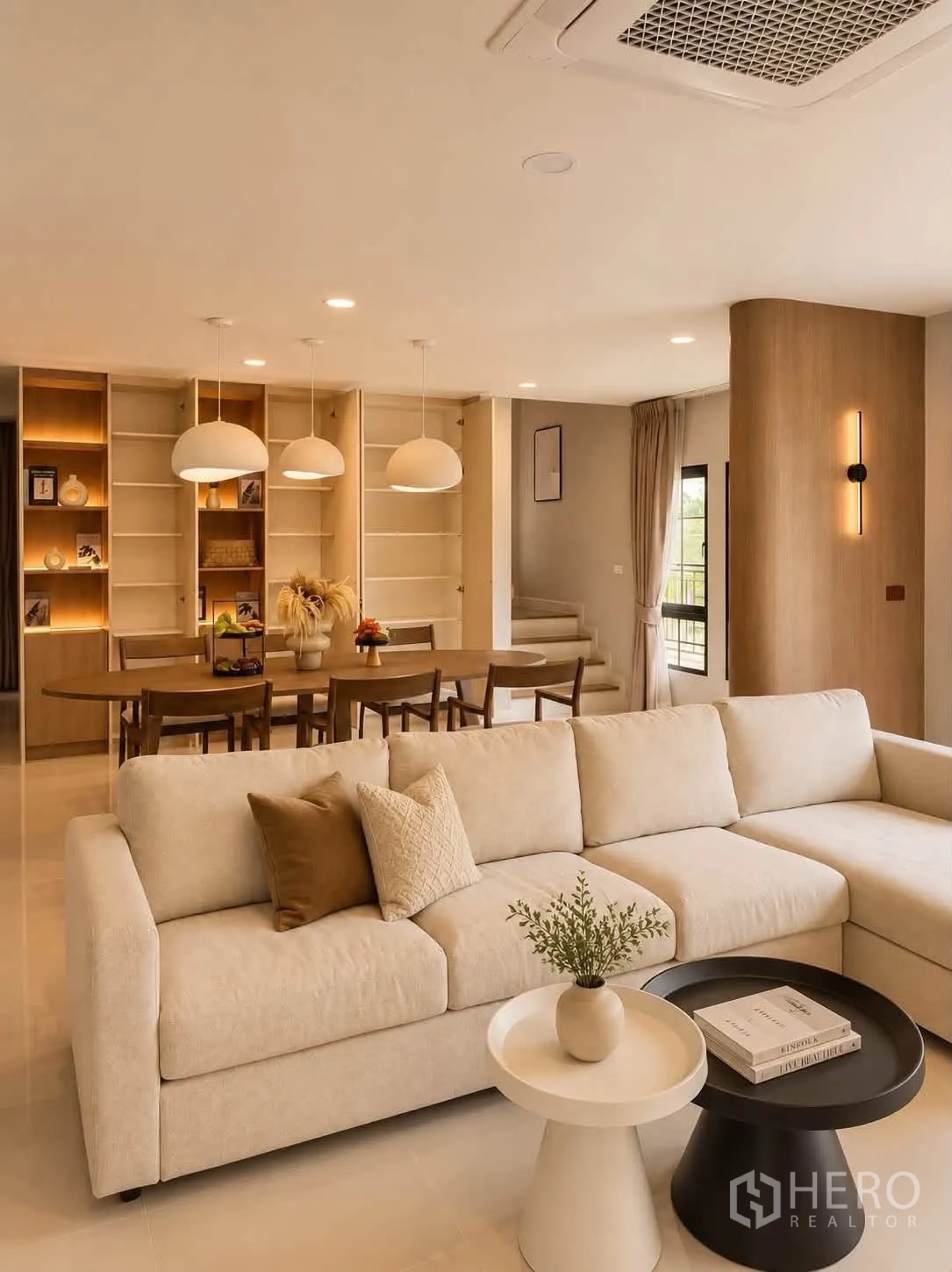 Detached House for rent in Bang Phli, Samut Prakan - Open-plan living and dining area with a sectional sofa and three pendant lights.