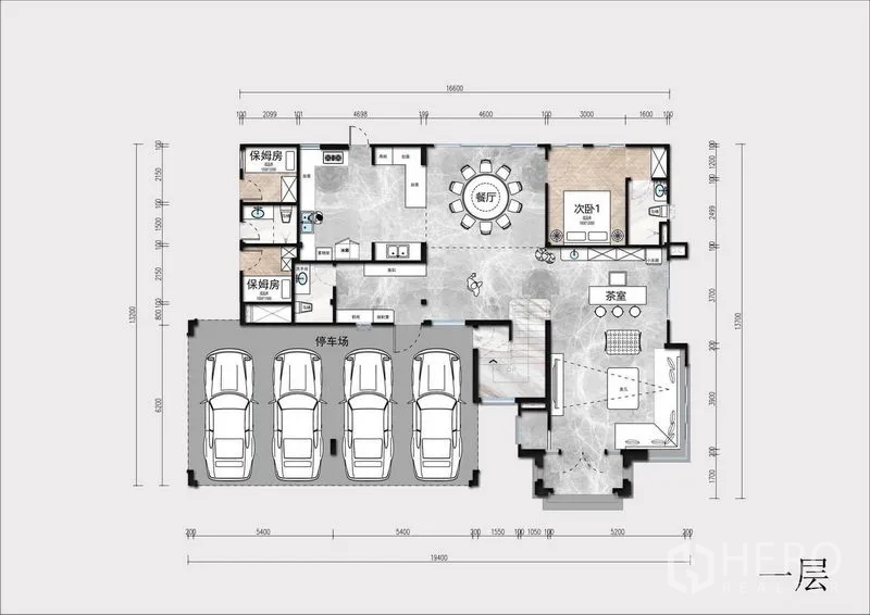 Detached House for sale in Lat Krabang, Bangkok - Ground-floor plan illustrating open living, dining, kitchen and four-car garage layout.