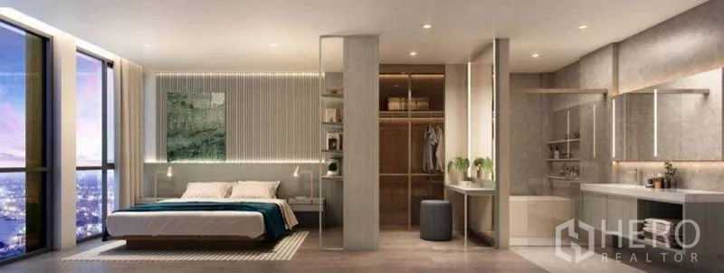 Condominium for sale in Sathon, Bangkok - Master bedroom with walk-in closet, ensuite bathroom, and wide city-view windows.