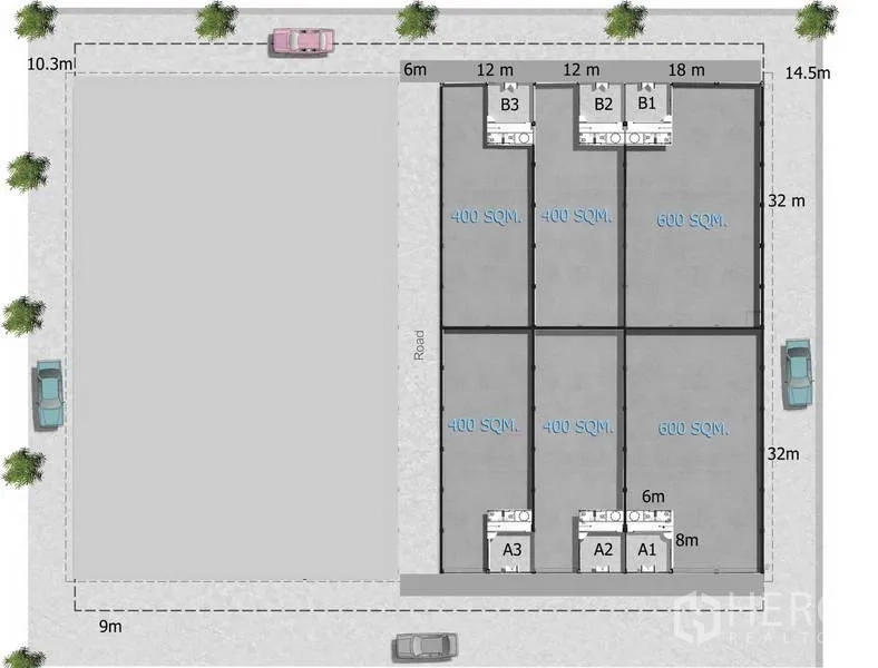 货栈 出租在Khlong Luang, Pathum Thani - 总平面图显示400–600㎡仓库单元与内部道路