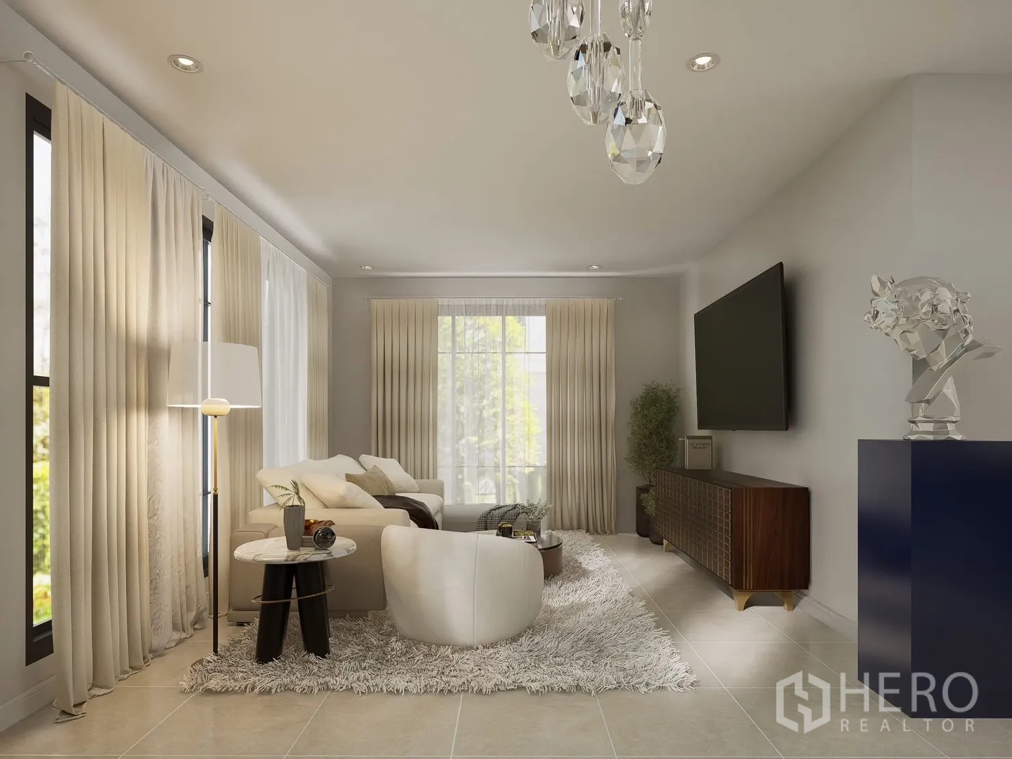 Detached House for rent in Bang Phli, Samut Prakan - Cozy family room with sofa, wall-mounted TV and soft lighting.