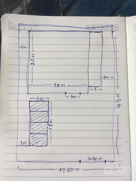 คลังสินค้า ให้เช่าในSaphan Sung, Bangkok - แผนผังคร่าว ๆ วาดด้วยมือ แสดงผังโกดังและขนาดพื้นที่