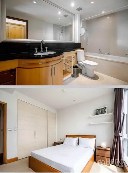 คอนโด ให้เช่าในSathon, Bangkok - ห้องน้ำที่สองมีเคาน์เตอร์อ่างล้างหน้าและอ่างอาบน้ำ; ห้องนอนสว่างพร้อมตู้เสื้อผ้า