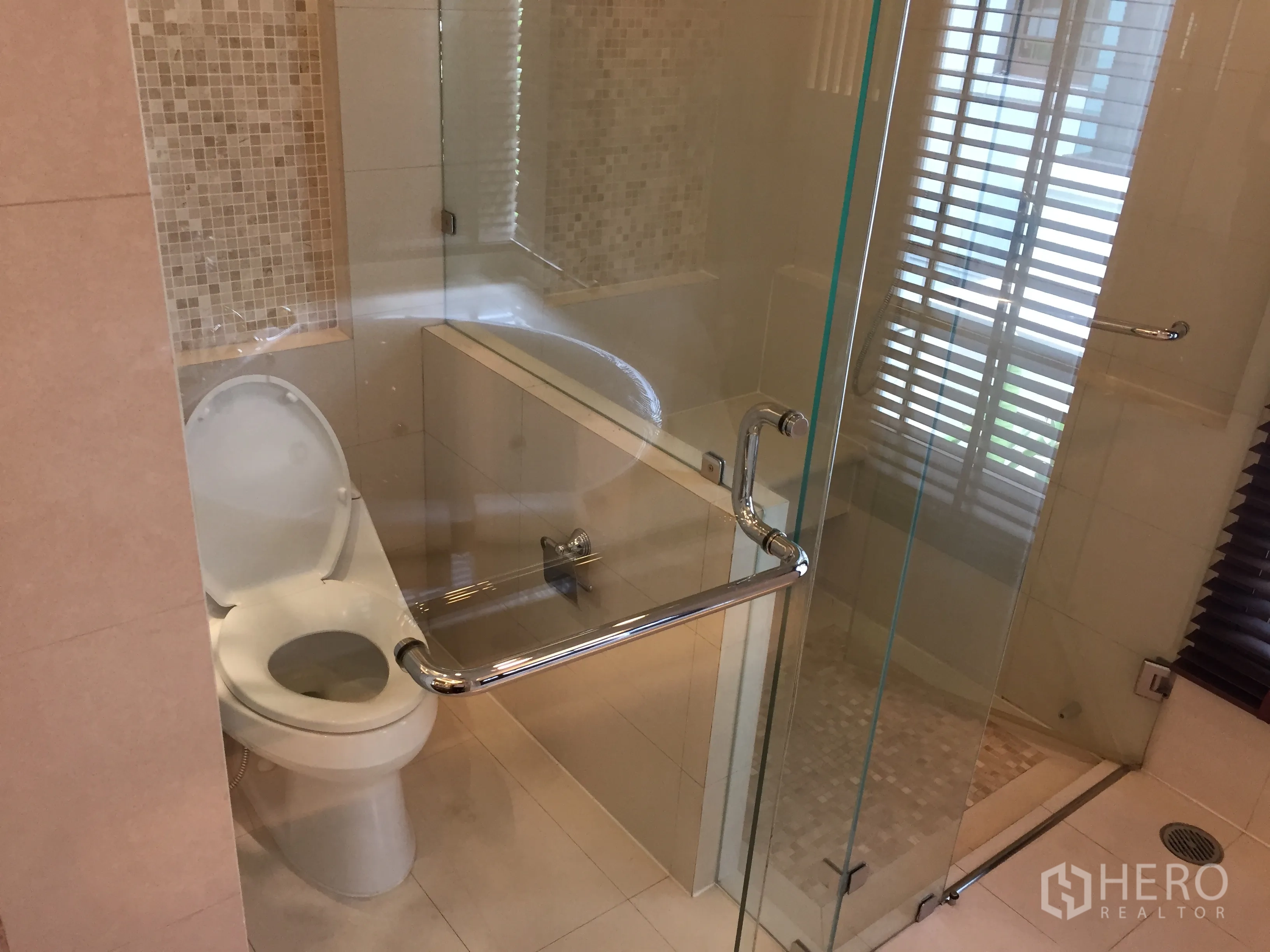 Detached House for rent in Yan Nawa, Bangkok - Glass-enclosed shower and toilet with mosaic tile accents.