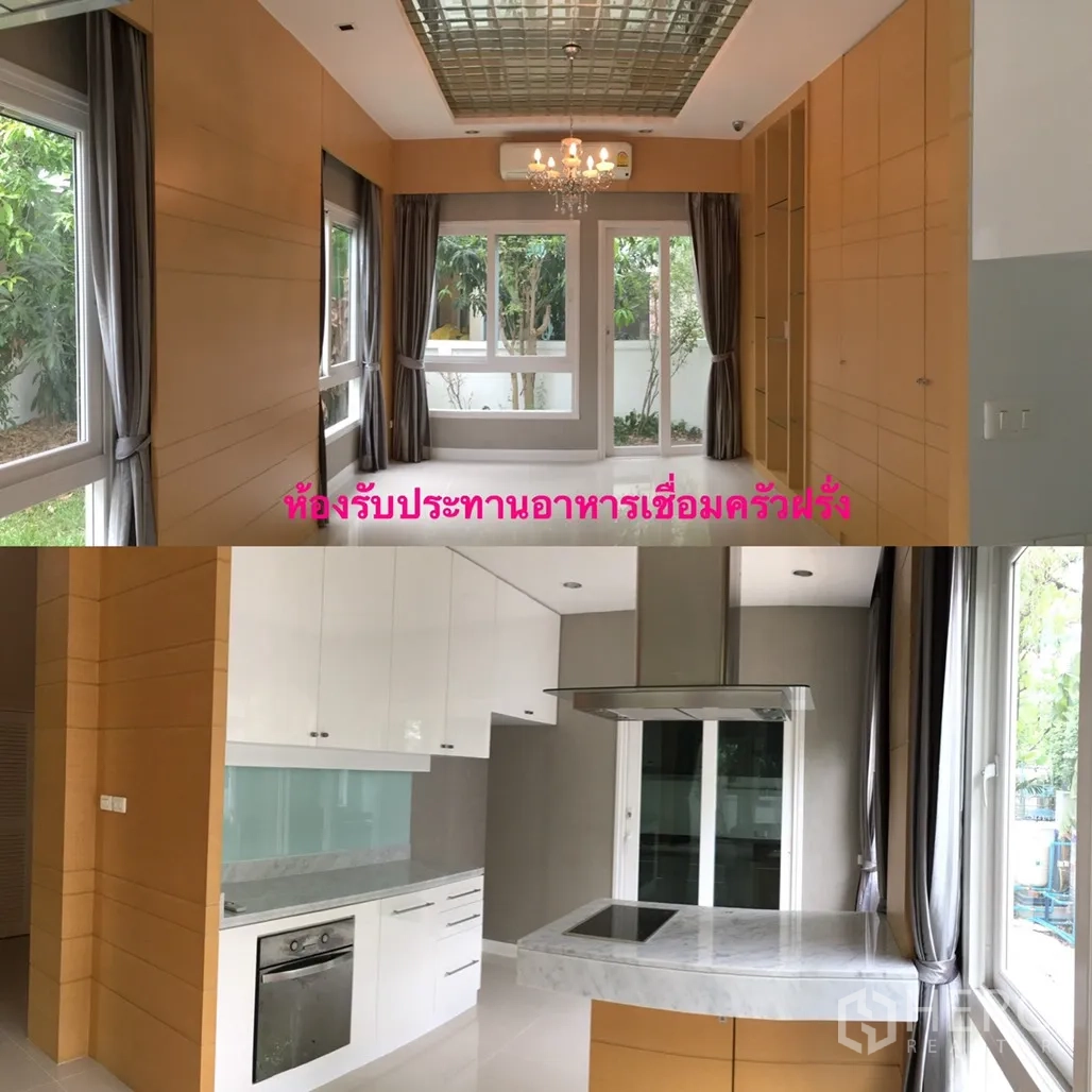 Detached House for sale in Lat Krabang, Bangkok - Bright dining zone with garden views, chandelier ceiling and sleek white kitchen with stone countertop and island.