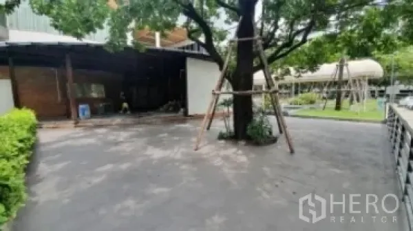 零售空间 出租在Khlong Toei, Bangkok - 带大树与铺装车道的遮荫庭院，旁为低层商铺建筑。