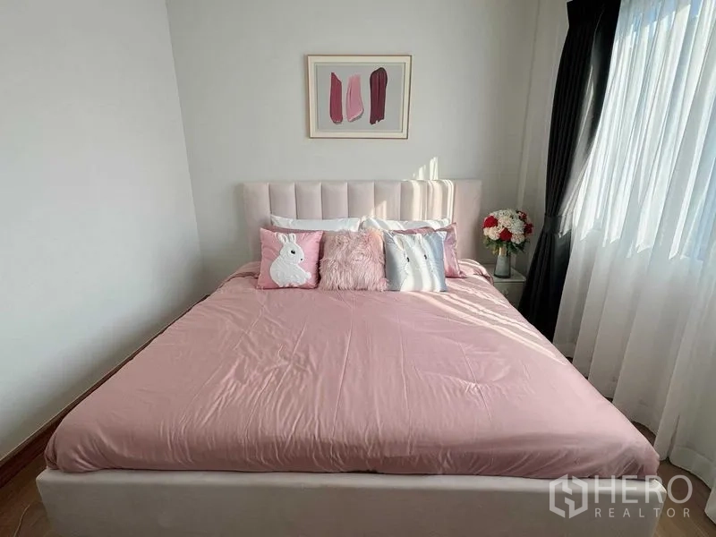 Detached House for rent or sale - Bedroom styled in soft pink with padded headboard, cute cushions and sheer curtains.