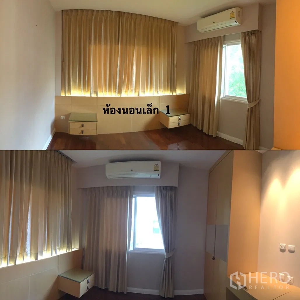 Detached House for sale in Lat Krabang, Bangkok - Cozy secondary bedroom with window, curtains, built-in side tables, wardrobe and air conditioning.