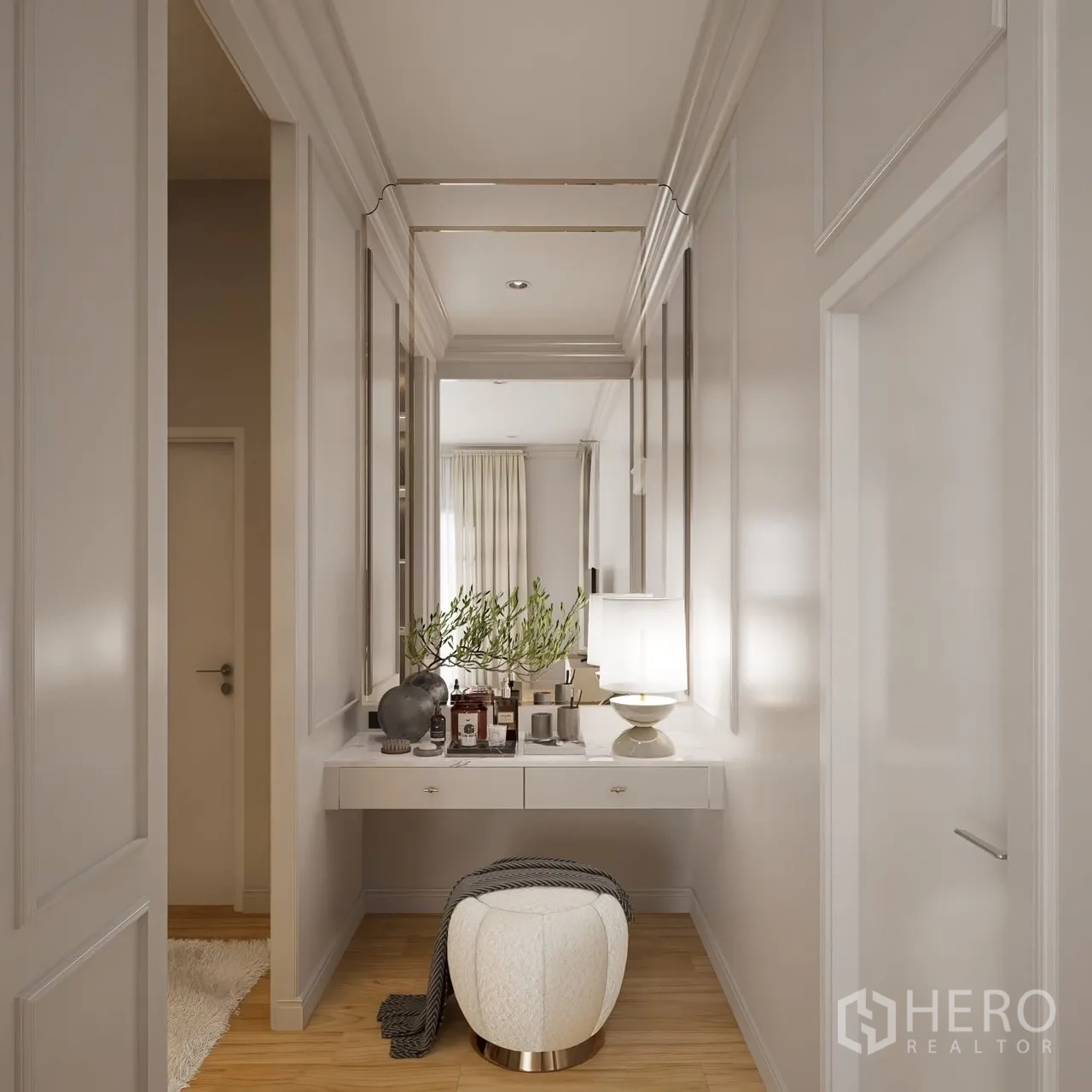 Detached House for rent in Bang Phli, Samut Prakan - Vanity corridor with mirror, stool and decorative lighting.