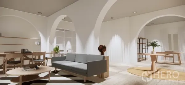Detached House for rent in Khlong Toei, Bangkok - Spacious lounge and dining area under arched ceilings with minimalist furniture and warm lighting.