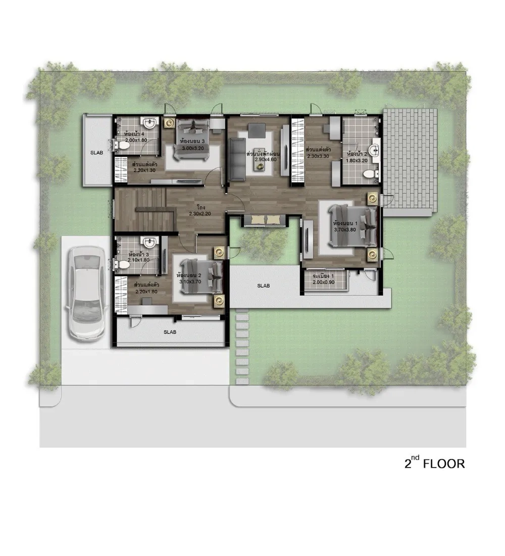 Detached House for rent in Lam Luk Ka, Pathum Thani - Second-floor plan detailing multiple bedrooms, bathrooms, and stair hall.