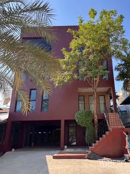 带办公室的家 出租在Phra Khanong, Bangkok - 三层酒红色独栋Home Office，外置楼梯与车道，庭院绿树，位于曼谷Phra Khanong。