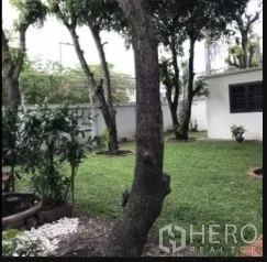 Detached House for rent in Phra Khanong, Bangkok - Private garden with mature trees and a green lawn beside a white utility building.