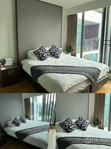 คอนโด ให้เช่า - คอลลาจห้องนอนเตียงคิง หน้าต่างสูง และมุมมองระเบียง