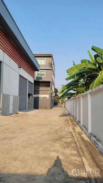 คลังสินค้า ให้เช่าในSaphan Sung, Bangkok - ทางเข้า-ออกข้างโกดังพร้อมกำแพงรอบและต้นไม้เขียวขจี