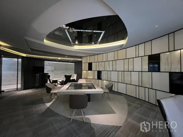 Retail Space for rent in Watthana, Bangkok - Spacious retail floor with floor-to-ceiling windows, statement ceiling design and decorative panel walls.