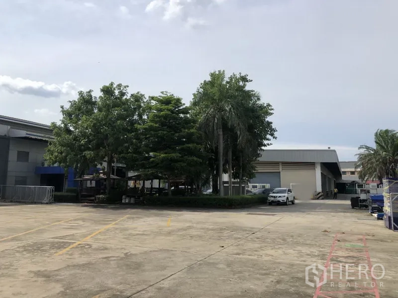 工厂 出租在Lam Luk Ka, Pathum Thani - 园区内大片混凝土场地，划线停车位与成树绿化。