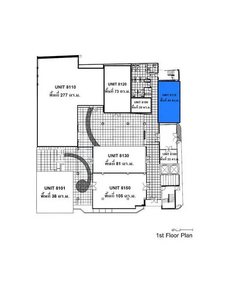 Retail Space for rent in Watthana, Bangkok - First-floor retail floor plan highlighting a 44 sq m unit in blue near common walkways and the service core.