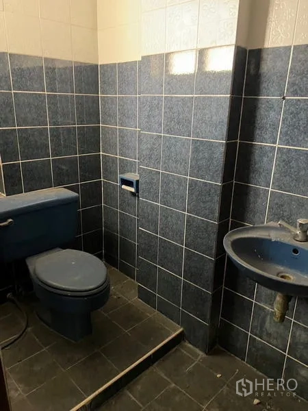 Shophouse for rent in Watthana, Bangkok - Second restroom featuring dark blue fixtures and two-tone wall tiles.