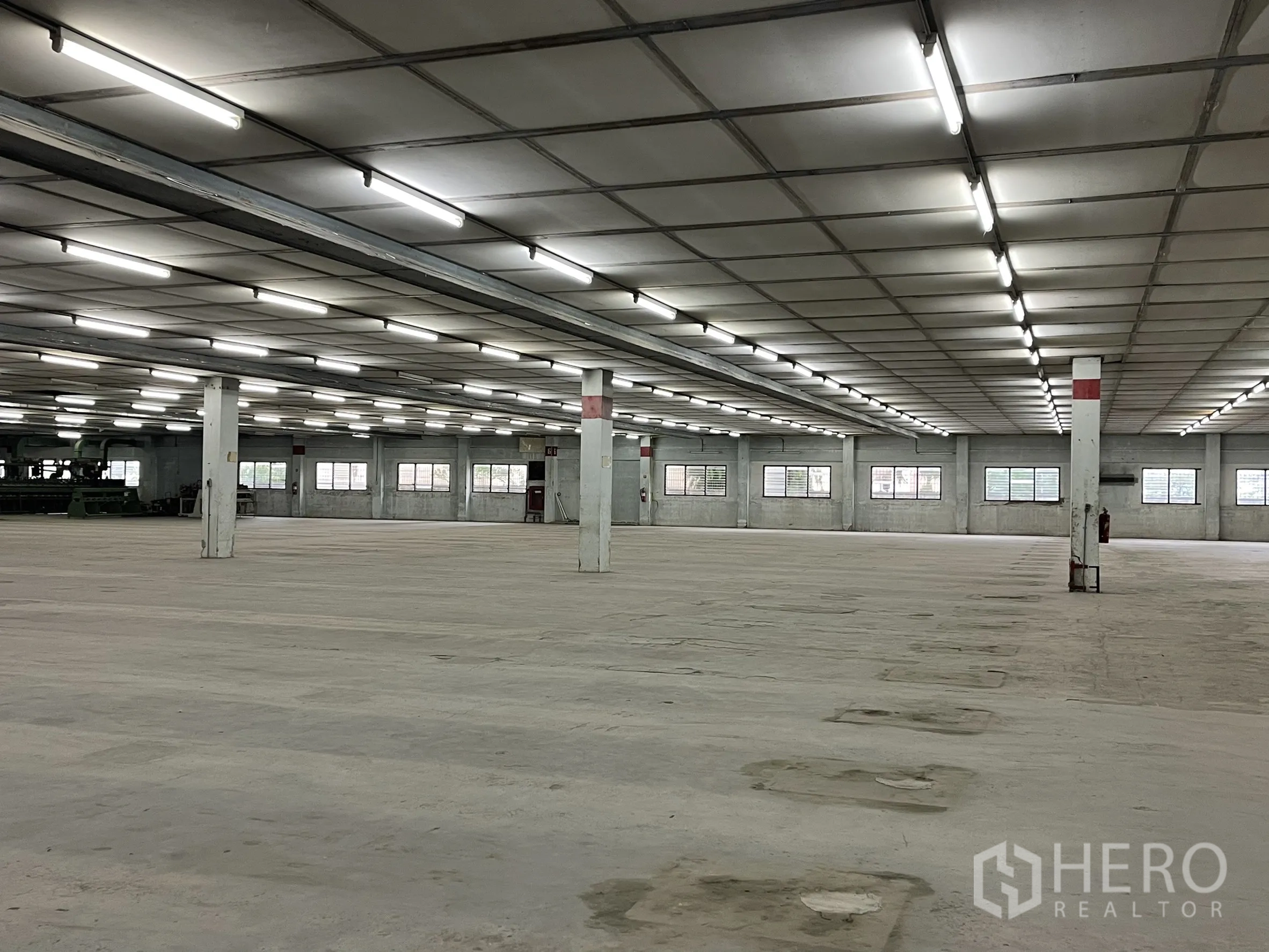 Factory for rent in Phra Samut Chedi, Samut Prakan - Open production area with support columns, multiple windows and smooth concrete slab.