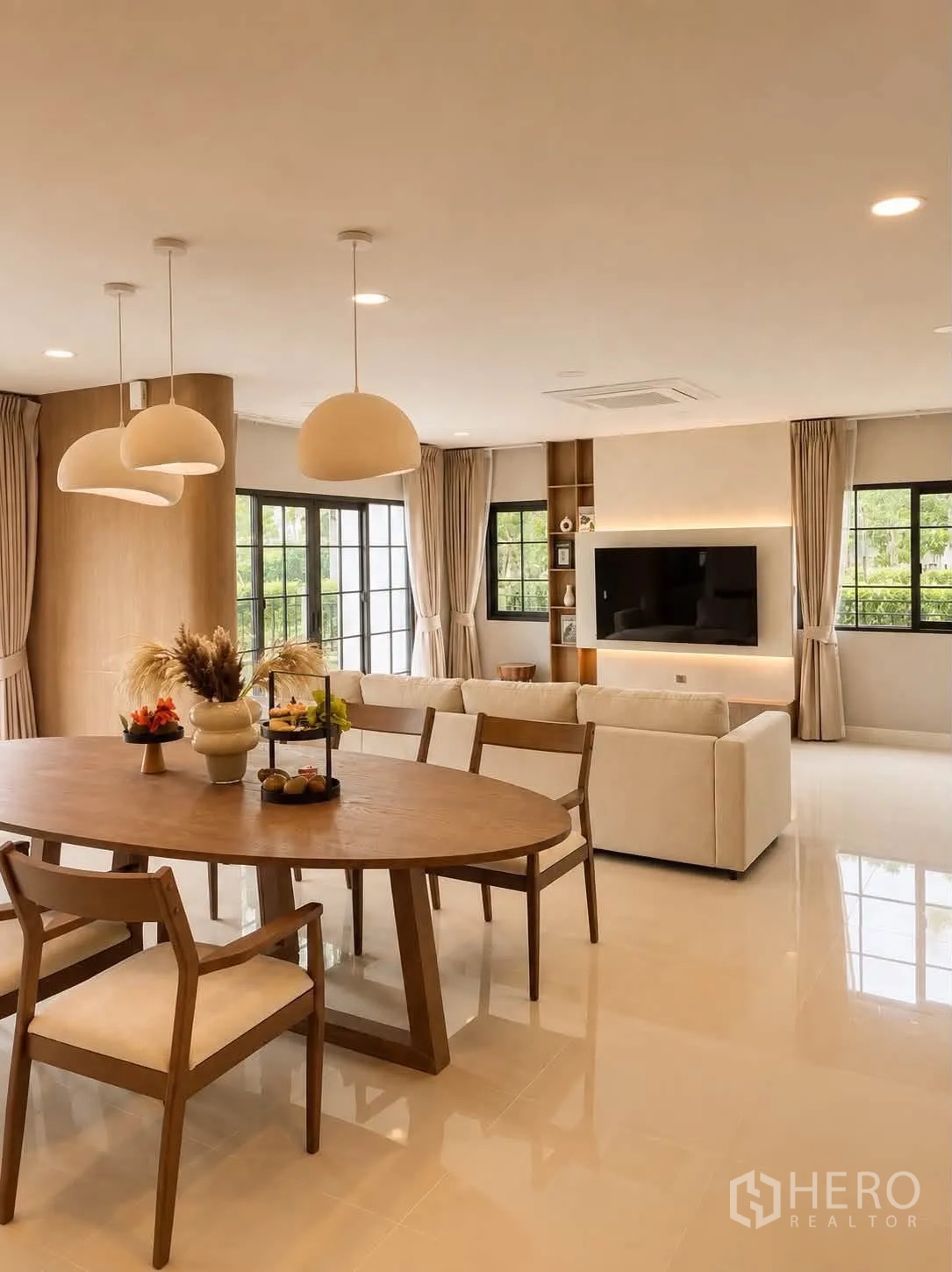 Detached House for rent in Bang Phli, Samut Prakan - Dining area facing a TV wall with large windows and neutral decor.