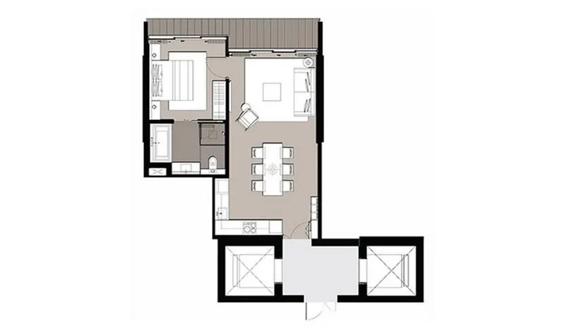 公寓 出售在Khlong San, Bangkok - 78平米一居室公寓户型图，含阳台与开放式起居区。