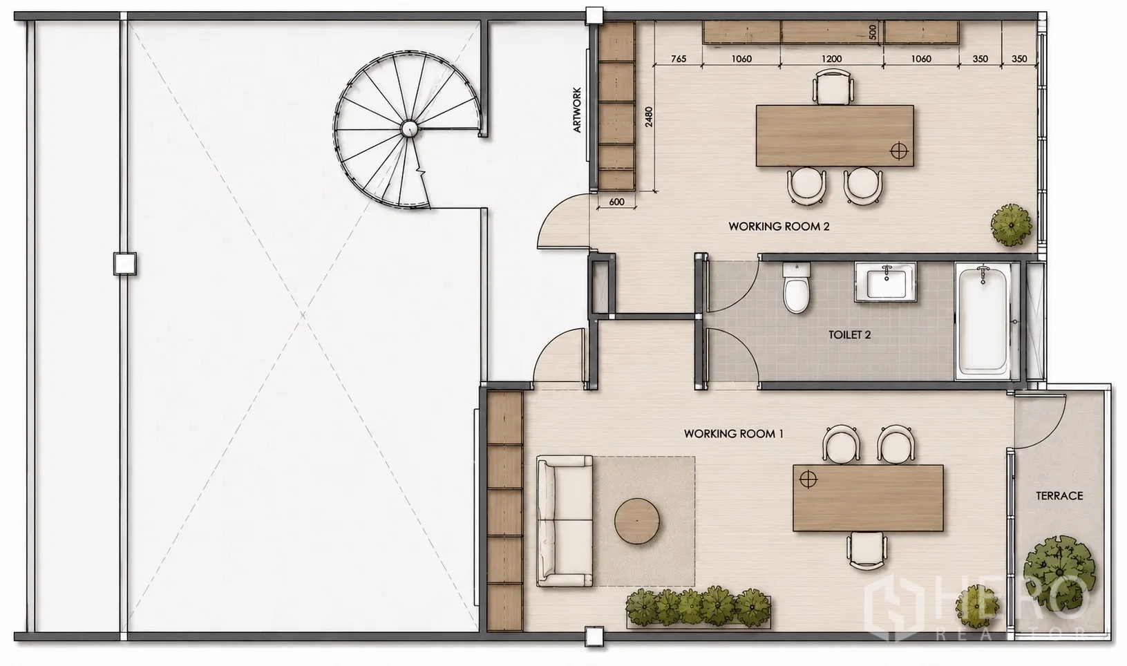 Office Space for rent in Phaya Thai, Bangkok - Floor plan showing two working rooms, terrace, and bathroom layout.