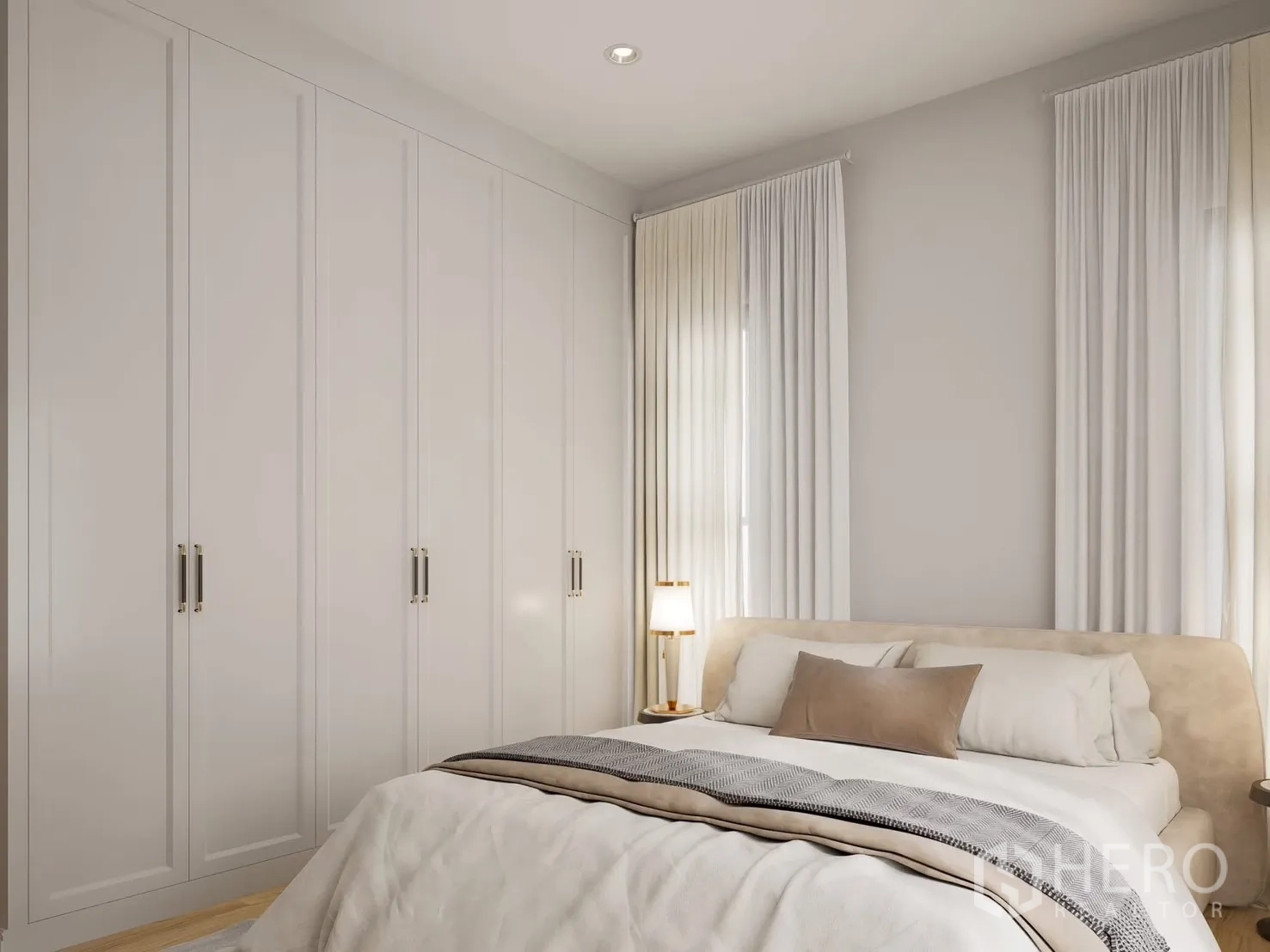 Detached House for rent in Bang Phli, Samut Prakan - Bedroom view showing extensive built-in wardrobes and curtains.