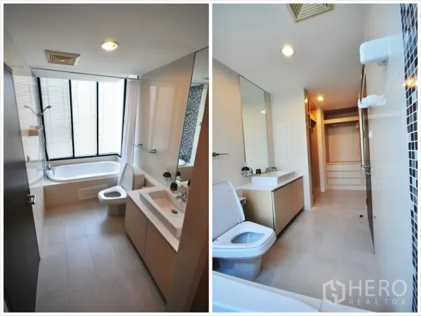 公寓 出租或出售在Watthana, Bangkok - 现代浴室，设浴缸淋浴、宽镜面、洗手台和窗户采光。