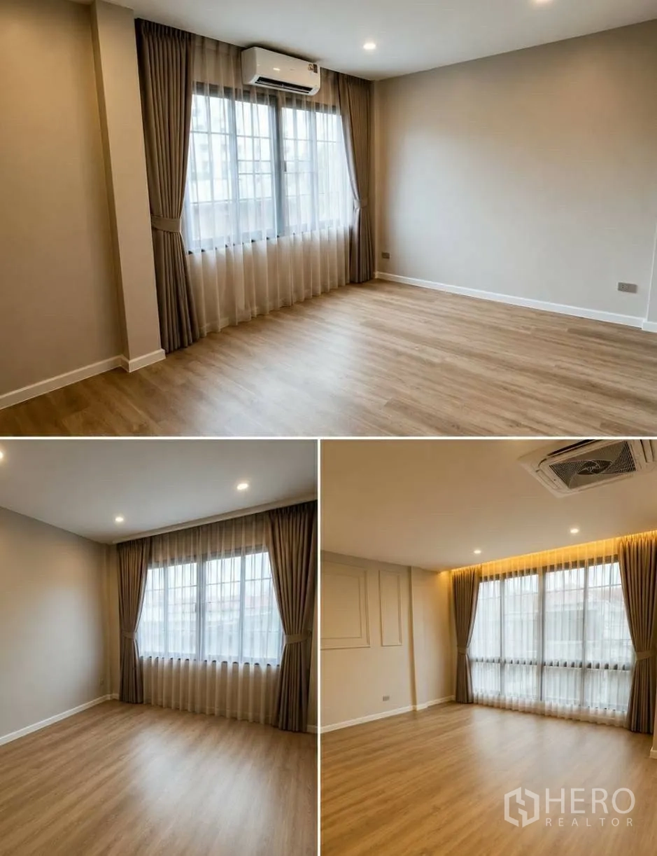 联排别墅 for rent in Khlong Toei, Bangkok - 卧室拼图图，明亮窗户配窗帘、空调与木地板。