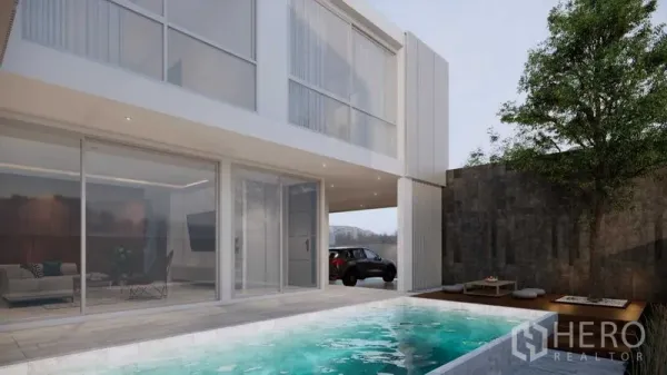 Land for sale in Prawet, Bangkok - Courtyard render showing a compact swimming pool beside full‑height sliding glass doors and deck seating.